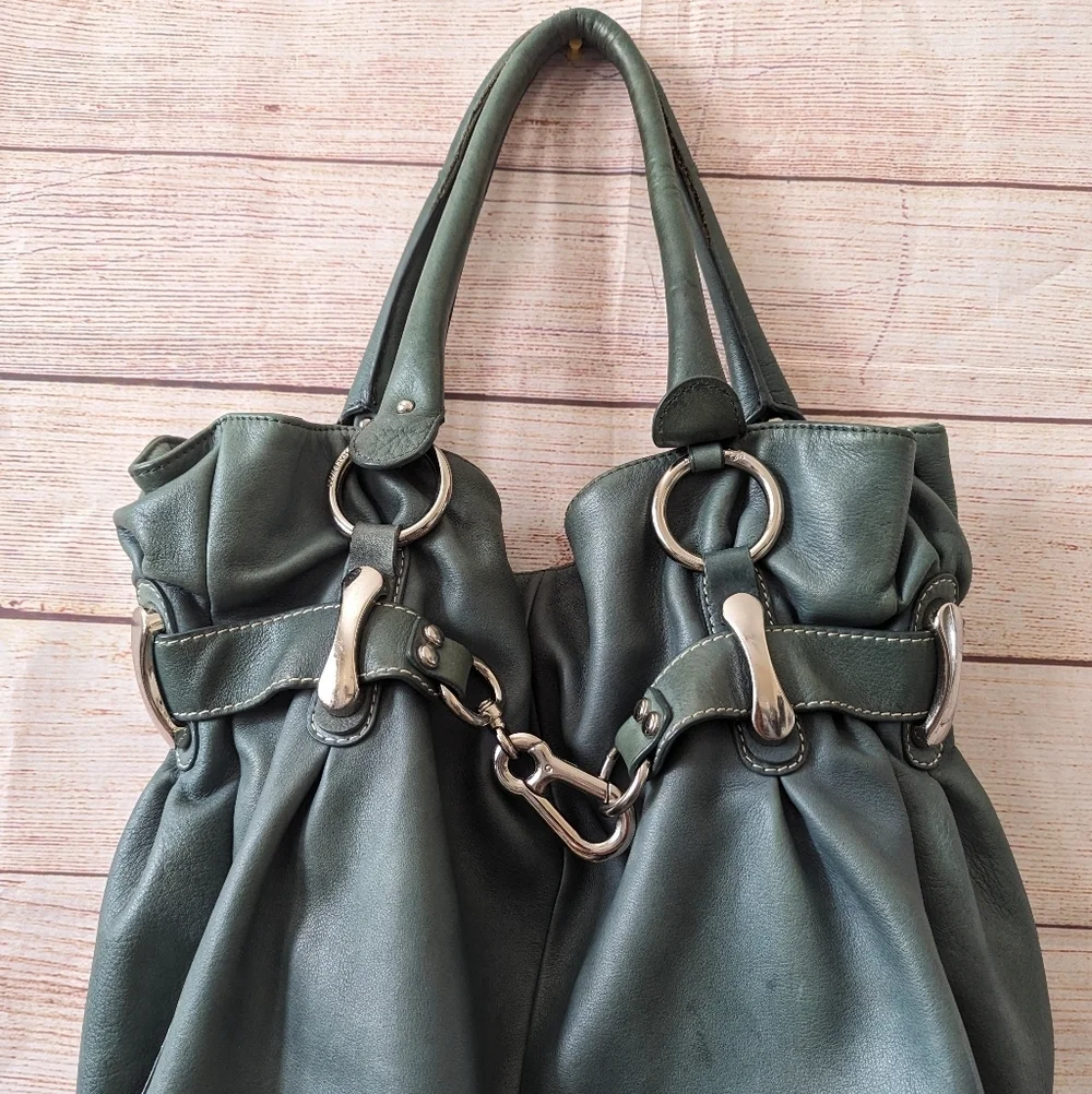 B. Makowsky Teal Slouchy Soft Pebble Leather Hobo Bag Y2K Bohemian Chunky Metal